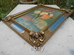 Ancien tableau peinture huile signé MARTIN VIA nature morte bouquet de fleurs