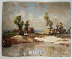 Ancien tableau peinture huile sur bois signé C. Cipra paysage de France c. 1930