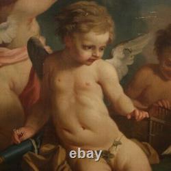 Ancien tableau peinture huile sur toile jeu d'angelots 800 19ème siècle