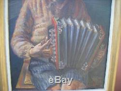 Ancien tableau peinture huile sur toile jeune garçon jouant de l'accordéon