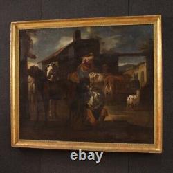 Ancien tableau peinture scène de genre huile sur toile 600 17ème siècle cadre