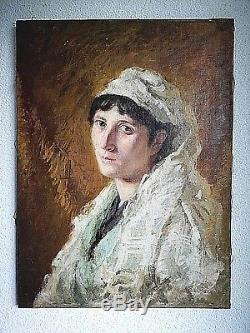 Ancien tableau portrait de dame école Italienne fin XIXème début XXème siècle
