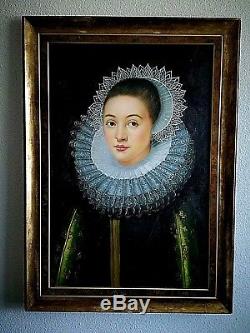 Ancien tableau, portrait de femme à la fraise goût du XVIIème siècle signé XXème