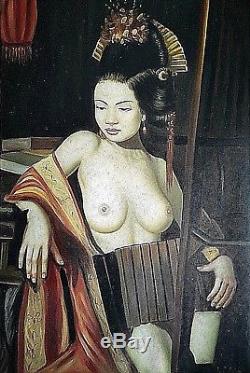 Ancien tableau, portrait de femme asiatique Geisha seins Nu signé érotisme XXème