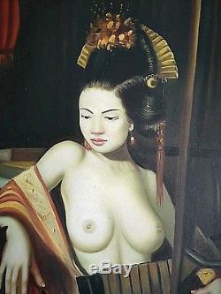 Ancien tableau, portrait de femme asiatique Geisha seins Nu signé érotisme XXème