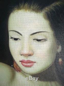 Ancien tableau, portrait de femme asiatique Geïsha seins Nu signé érotisme XXème