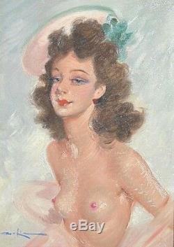 Ancien tableau portrait de femme pin-up Nu Jean gabriel Domergue signé début XXe