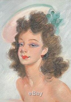 Ancien tableau portrait de femme pin-up Nu Jean gabriel Domergue signé début XXe
