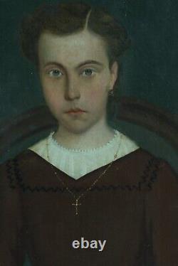 Ancien tableau portrait de jeune fille tenant une fleur école Française hst 19e