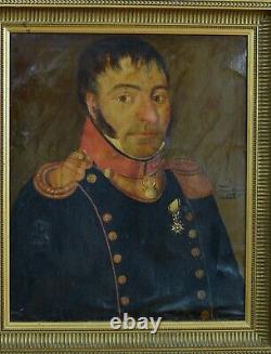 Ancien tableau portrait de militaire Restauration 1816 costume décoration 19e