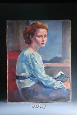 Ancien tableau portrait femme Pierre Langlade 1960 Old painting woman hst
