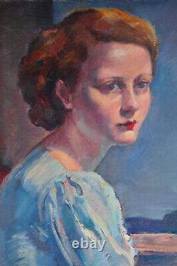 Ancien tableau portrait femme Pierre Langlade 1960 Old painting woman hst