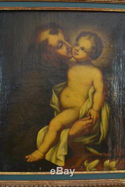 Ancien tableau religieux Portrait Saint Antoine enfant Jésus hst baroque17e rare