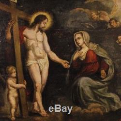 Ancien tableau religieux peinture huile sur panneau art sacré Christ Madonna 700