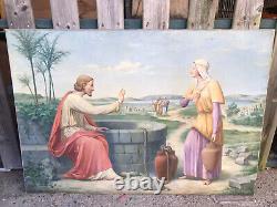 Ancien tableau religieux peinture sur toile Jésus et la Samaritaine signé 19ème