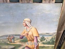 Ancien tableau religieux peinture sur toile Jésus et la Samaritaine signé 19ème