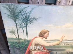 Ancien tableau religieux peinture sur toile Jésus et la Samaritaine signé 19ème