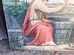 Ancien tableau religieux peinture sur toile Jésus et la Samaritaine signé 19ème
