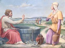 Ancien tableau religieux peinture sur toile Jésus et la Samaritaine signé 19ème