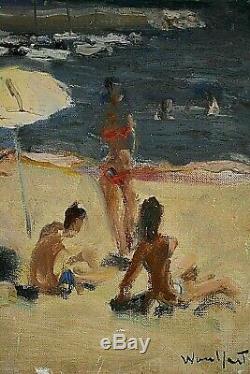 Ancien tableau scène de plage animée Cannes signé Marius WOULFART (1905-1991) XX