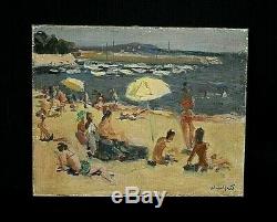 Ancien tableau scène de plage animée Cannes signé Marius WOULFART (1905-1991) XX