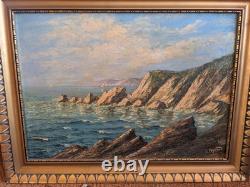 Ancien tableau signé huile toile XIXe marine mer peinture ancienne cadre doré