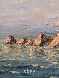 Ancien tableau signé huile toile XIXe marine mer peinture ancienne cadre doré