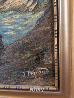 Ancien tableau signé huile toile XIXe marine mer peinture ancienne cadre doré