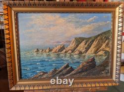 Ancien tableau signé huile toile XIXe marine mer peinture ancienne cadre doré