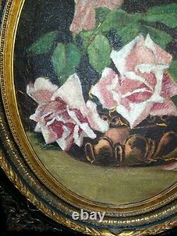 Ancien tableau signé nature morte roses cadre Napoleon III Huile sur toile Ecole