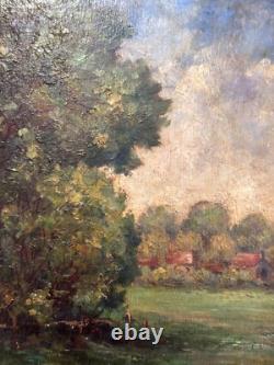 Ancien tableau signé paysage post impressionniste ciel forêt panneau ART DECO