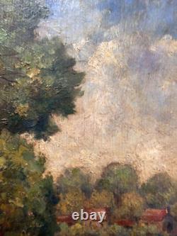 Ancien tableau signé paysage post impressionniste ciel forêt panneau ART DECO