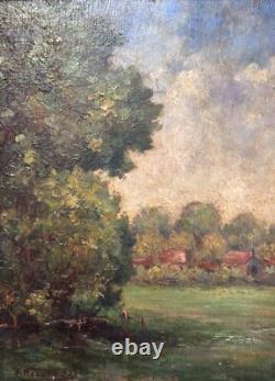 Ancien tableau signé paysage post impressionniste ciel forêt panneau ART DECO