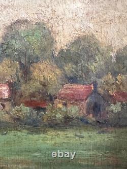 Ancien tableau signé paysage post impressionniste ciel forêt panneau ART DECO