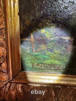Ancien tableau signé paysage post impressionniste ciel forêt panneau ART DECO