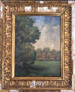 Ancien tableau signé paysage post impressionniste ciel forêt panneau ART DECO