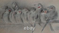 Ancien tableau technique mixte fusain pastel oiseaux attribuer