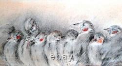 Ancien tableau technique mixte fusain pastel oiseaux attribuer