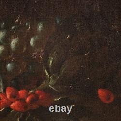 Ancien tableau vase fleurs fruits peinture nature morte huile sur toile 600