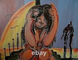 Ancien tableau xx huile sur toile scène de genre nu féminin Art brut singulier