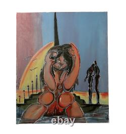 Ancien tableau xx huile sur toile scène de genre nu féminin Art brut singulier