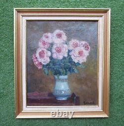 Ancien très beau tableau bouquet de fleurs, camélias roses, Art Déco 1935 signée