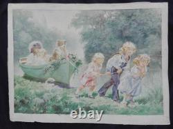 Ancienne AQUARELLE originale Enfants dans un parc Tableau, peinture, huile