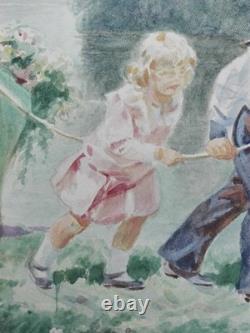 Ancienne AQUARELLE originale Enfants dans un parc Tableau, peinture, huile