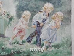 Ancienne AQUARELLE originale Enfants dans un parc Tableau, peinture, huile