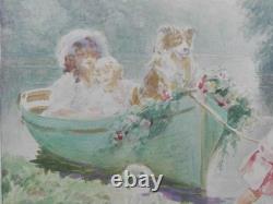 Ancienne AQUARELLE originale Enfants dans un parc Tableau, peinture, huile