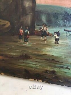 Ancienne Huile toile peinture tableau MARINE Bateaux MER signée XIX 19TH PORT