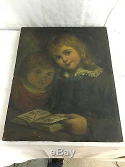 Ancienne Peinture HST huile sur TOILE XIX 19 vue Enfants ancien tableau freres