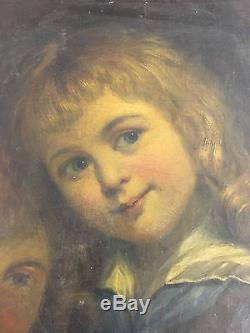 Ancienne Peinture HST huile sur TOILE XIX 19 vue Enfants ancien tableau freres