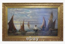 Ancienne Peinture à Huile Marine Avec Pêcheurs Et Bateaux Vue Mer tableau VS11